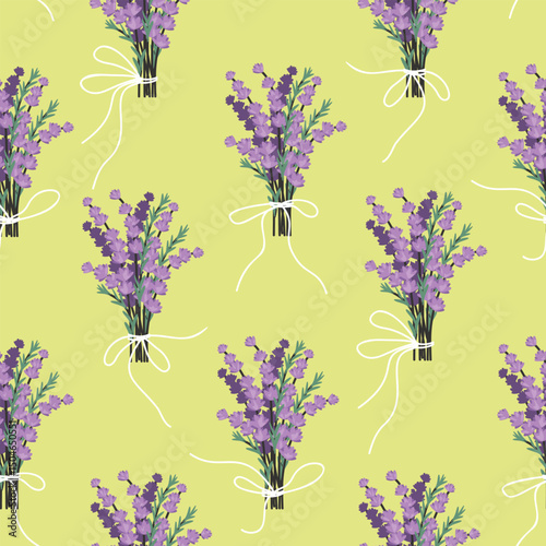 Lavender bouquet  seamless pattern. Botanical designs in lilac and green colors. Floral compositions with a white bows. Plants for decorated postcard, invitation.Vector print on fabric and paper. 