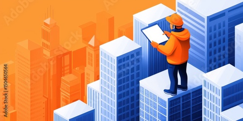 An engineer stands atop a skyscraper, reviewing plans, with a city skyline in the background under an orange sky.