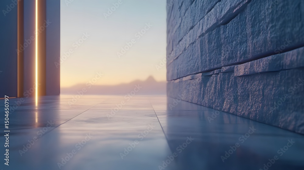 Fototapeta premium Modern Minimalist Architecture Sunset Scene Stone Wall Floor