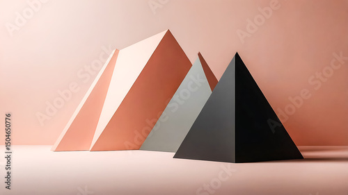 Minimalist Geometric Composition with Pyramids in Pastel Colors on a Soft Pink Background