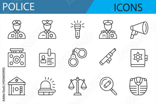 A series of minimalist police icons for use in law enforcement, crime detection, and security content.