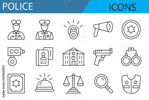 Simple icons representing various police tools and equipment like siren, gun, and police officer uniform.