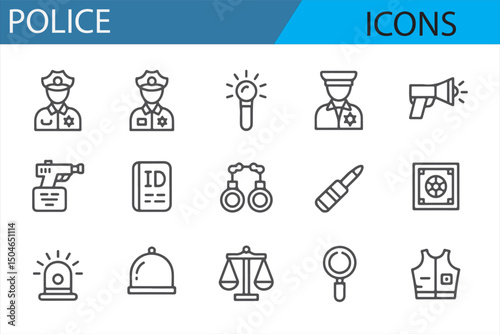 A collection of icons showcasing law enforcement essentials such as badges, weapons, and police vehicles.