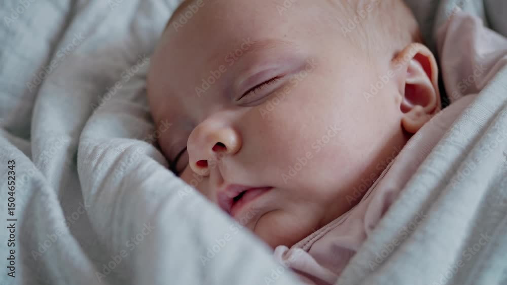 Close-up of a serene newborn baby sleeping soundly, wrapped in a soft, light-colored blanket, evoking feelings of peace, comfort, and the preciousness of new life Close-up of a serene newborn baby sleeping soundly, wrapped in a soft, light-colored blanket, evoking feelings of peace, comfort, and the preciousness of new life