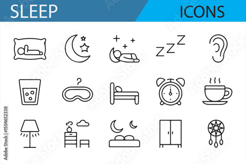 Sleep-themed icons perfect for wellness, featuring a variety of items to promote relaxation and rest.