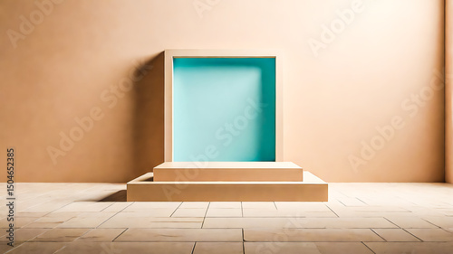 Minimalist Interior with Podium and Blue Portal for Product Display and Presentation