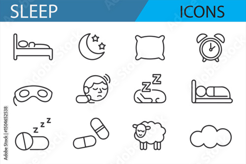Simple icons representing sleep essentials like a pillow, clock, and soothing beverages for health content.