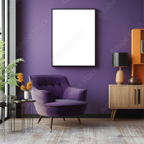 Mockup artist canvas in vertical format on purple background. format front view. Frame for design