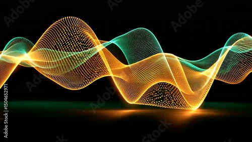 An abstract rendering featuring glowing wavy lines of orange and green dots, set against a stark black backdrop, creating depth and movement