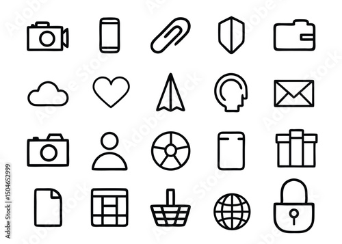 Collection of simple outline icons for web design and user interface needs