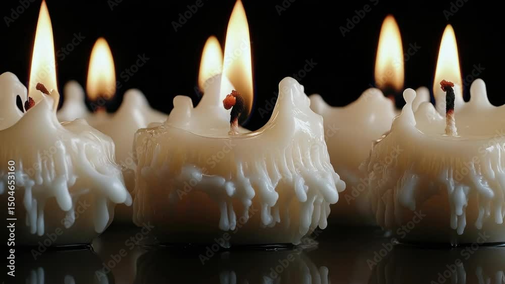 A group of lit wax candles in a row, flickering with warm light and casting a soft glow.