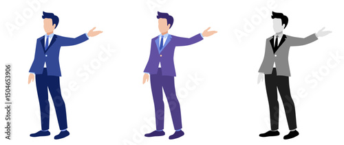 Set of business man wearing a suit points to something, shows a direction with a hand, isolated one white background, male character for advertisement.