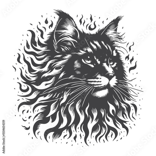 Happy Maine Coon Chasing Yarn Illustration – Playful Cat Engraved Style Vector for T-Shirts, Posters, Stickers, and Casual Apparel