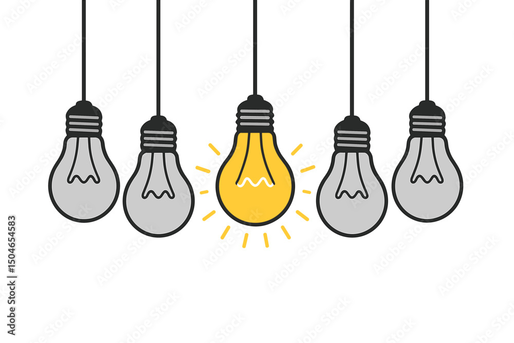 Naklejka premium Vector illustration of hanging light bulbs. One glowing yellow bulb symbolizes a bright idea, innovation, creativity, uniqueness, solution, leadership, and standing out from the crowd.