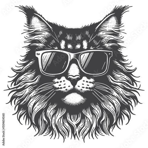 Vintage Hand-Drawn Maine Coon Illustration – Cool Sunglasses Engraved Style Vector for T-Shirts, Posters, Stickers, and Trendy Casual Apparel