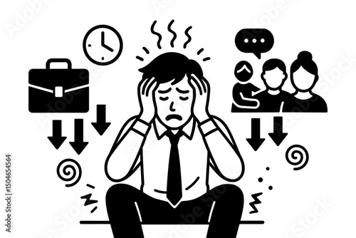 Conceptual glyph illustration depicting a stressed businessman overwhelmed by pressure from work deadlines and family life, symbolizing burnout, anxiety, and work-life imbalance.