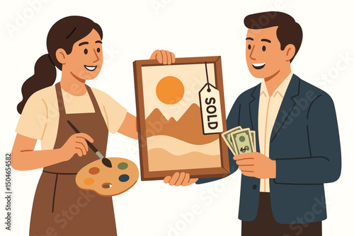 Woman artist completes sale of her landscape painting to a male customer paying with cash, successful art transaction vector graphic showing creative business purchase and sold artwork.