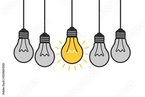 Vector illustration of hanging light bulbs. One glowing yellow bulb symbolizes a bright idea, innovation, creativity, uniqueness, solution, leadership, and standing out from the crowd.