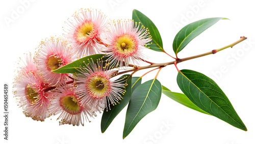 Fototapeta Naklejka Na Ścianę i Meble -  eucalyptus branch with flowers isolated on a white background, PNG.