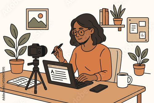 Focused woman blogger or vlogger recording video, writing content on laptop at home office desk setup with plants and coffee, modern flat design vector illustration concept.