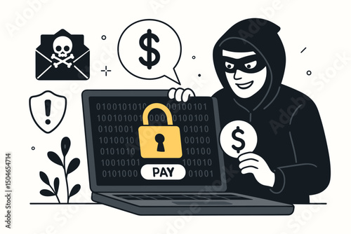 Masked hacker demands ransom payment on laptop screen with padlock, illustrating cyber extortion, ransomware attack, phishing, financial fraud, and cybersecurity threat concept.