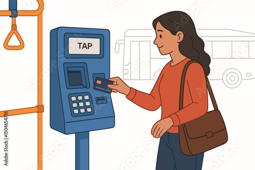 Contactless payment on public transport vector concept. Woman passenger tapping credit card or transit pass on bus fare terminal machine for easy ticket purchase and commute.