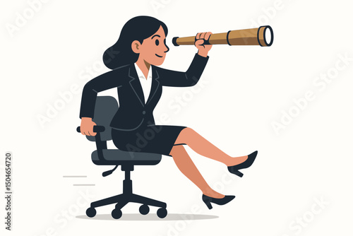 Forward-thinking businesswoman on moving office chair uses telescope for career exploration, seeking future success and opportunities. Business vision concept flat vector illustration.