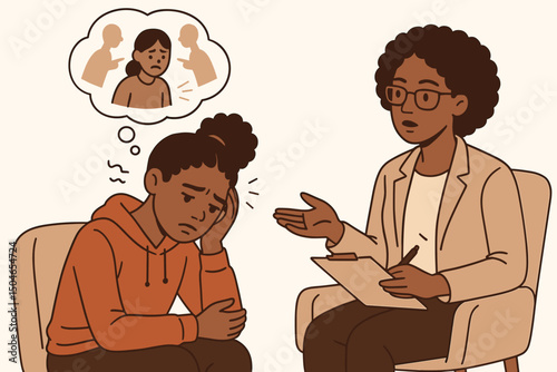 Compassionate Black female therapist providing psychological support during a counseling session with a distressed young Black patient experiencing anxiety, sadness, and thoughts of being judged.