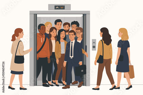 Crowded elevator vector illustration featuring diverse men and women, commuters and office workers waiting and riding the lift during a busy day in a modern corporate building.