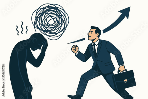 Vector illustration depicting a determined businessman overcoming self-doubt and negative thoughts, striding towards growth and success, symbolizing resilience, ambition, and mental strength.
