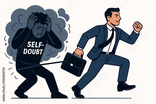Confident businessman overcoming self-doubt and anxiety, running towards success and personal growth, leaving negativity behind. Vector illustration of mental strength and motivation.