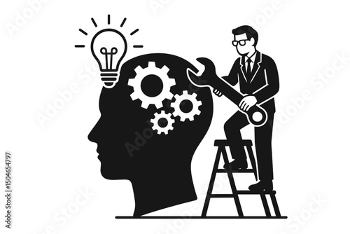 Mental Health Therapy Concept: Businessman with Wrench Fixes Gears in Head Silhouette for Problem Solving, Idea Generation, and Psychological Wellness. Minimal Vector Art.