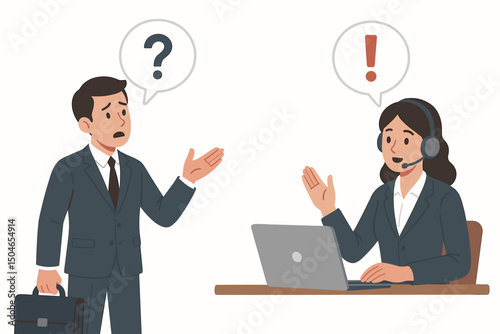 Vector illustration of a confused businessman asking a question at a help desk, receiving an answer and solution from a friendly female customer support agent wearing a headset.