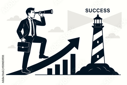 Ambitious businessman on growth chart searching for future success with telescope, lighthouse guides towards achievement. Strategic vision and leadership vector concept art.