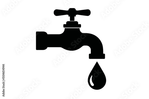 Water faucet icon with dripping drop symbol vector illustration. Represents water conservation, saving resources, ecology, environmental protection, plumbing leak, and water waste awareness concept.