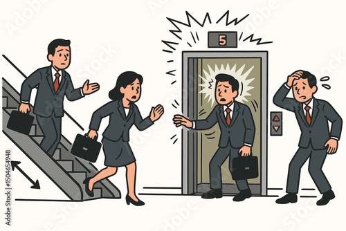 Office workers panic during elevator malfunction; businessman trapped inside while colleagues rush down stairs. Comic vector graphic illustrating workplace stress and chaos.