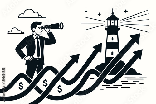 Vector illustration of business strategy: Manager looking through telescope at lighthouse, symbolizing market guidance, financial growth, investment opportunities, and future vision.