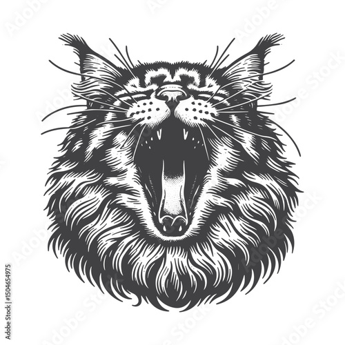 Vintage Hand-Drawn Maine Coon Illustration – Yawning Engraved Style Vector for T-Shirts, Posters, Stickers, and Pet Lovers Apparel