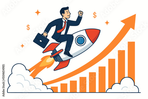 Ambitious entrepreneur businessman riding a rocket ship, launching past a rising financial bar chart graph. Startup success, business growth, and profit boost concept vector illustration.