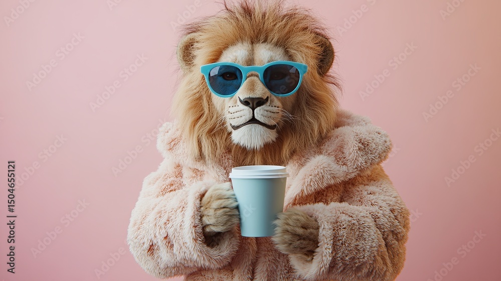 Fototapeta premium Stylish Lion Wearing Blue Sunglasses and Cozy Fur Coat Holding a Coffee Cup on Pink Background Representing Unique Fashion, Relaxation, and Creativity for Marketing and Design