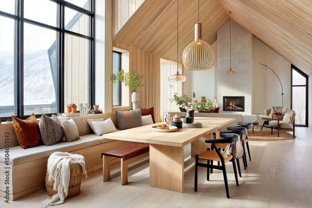 Fototapeta premium Scandinavian style dining and living area with natural tones and cozy decor
