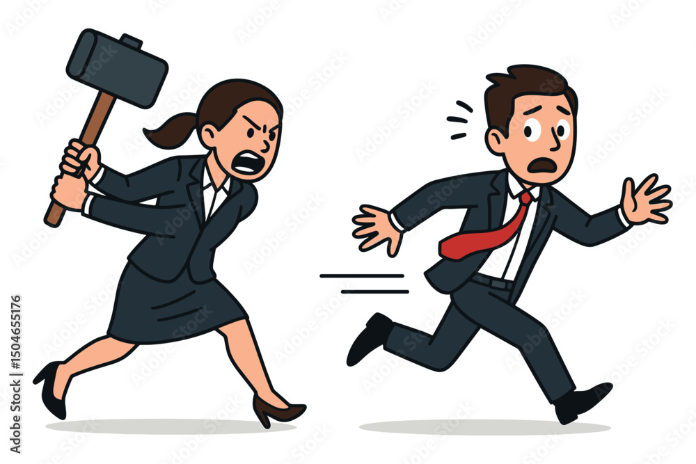 Vector cartoon of an enraged businesswoman wielding a massive hammer, chasing a panicked colleague who is desperately fleeing, illustrating intense business conflict and pursuit. Vector cartoon of an enraged businesswoman wielding a massive hammer, chasing a panicked colleague who is desperately fleeing, illustrating intense business conflict and pursuit.
