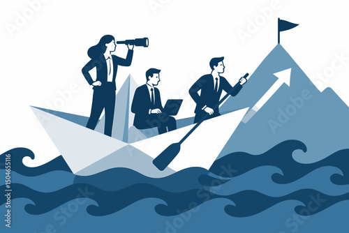 Leadership and Vision: Businesswoman with telescope leads team in paper boat across challenging waters towards growth target, symbolizing strategy, navigation, and collective success.