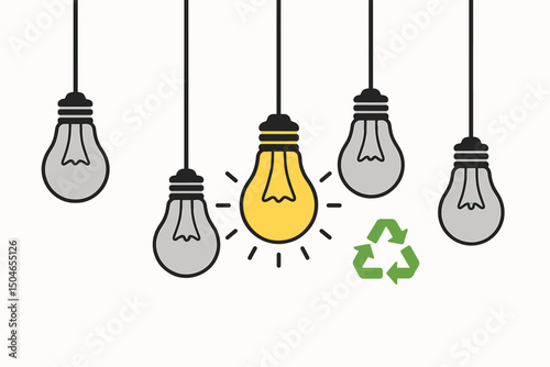 Eco-Friendly Bright Idea Vector: Glowing Yellow Lightbulb Among Grey Bulbs with Green Recycling Symbol Signifies Sustainable Innovation, Green Energy, and Creativity.