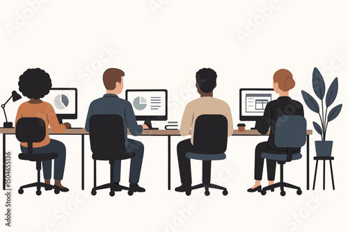 Diverse team of professionals working diligently on computers in a modern office setting, back view vector illustration showcasing collaboration and data analysis in a corporate workplace.