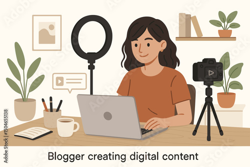 Female blogger creating digital content at her desk workspace with laptop, camera, ring light, and plants. Flat vector illustration for social media, vlogging, and online business concepts.