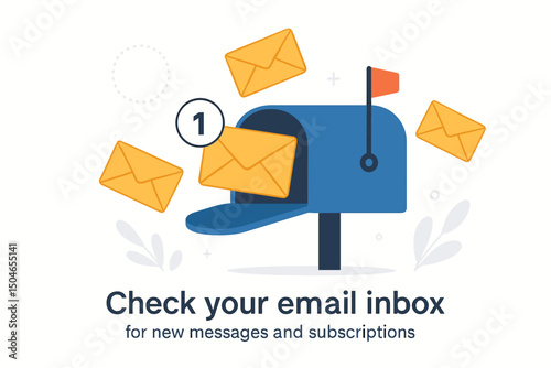 Check your email inbox concept vector illustration. Blue mailbox overflowing with yellow envelopes representing new messages, subscriptions, and digital communication notifications.
