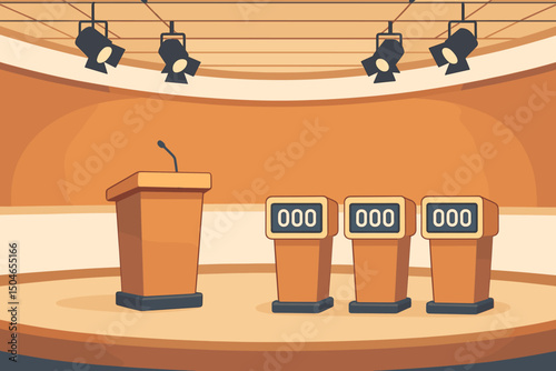 Flat vector illustration depicting a bright orange quiz show studio stage setup with a host podium, microphone, three contestant stands, score displays, and overhead spotlights.