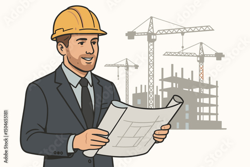 Vector illustration of a construction manager or architect in a suit and hard hat inspecting blueprints on site, overseeing building project development with cranes in background.