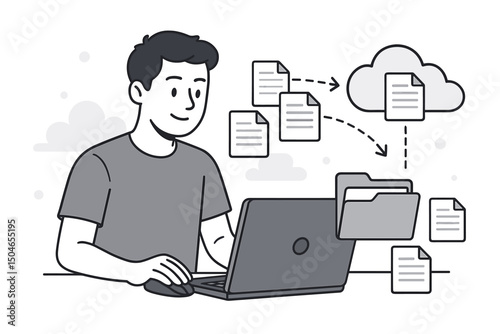Cloud computing and file organization vector graphic. Man working on laptop, managing digital documents, transferring data, and utilizing online storage solutions for backup.